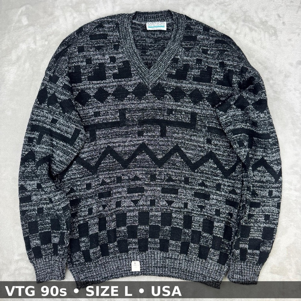 Vtg Geometric Knit Grandpa Sweater Grunge Men's Large Pattern Cosby 90s 80s USA
